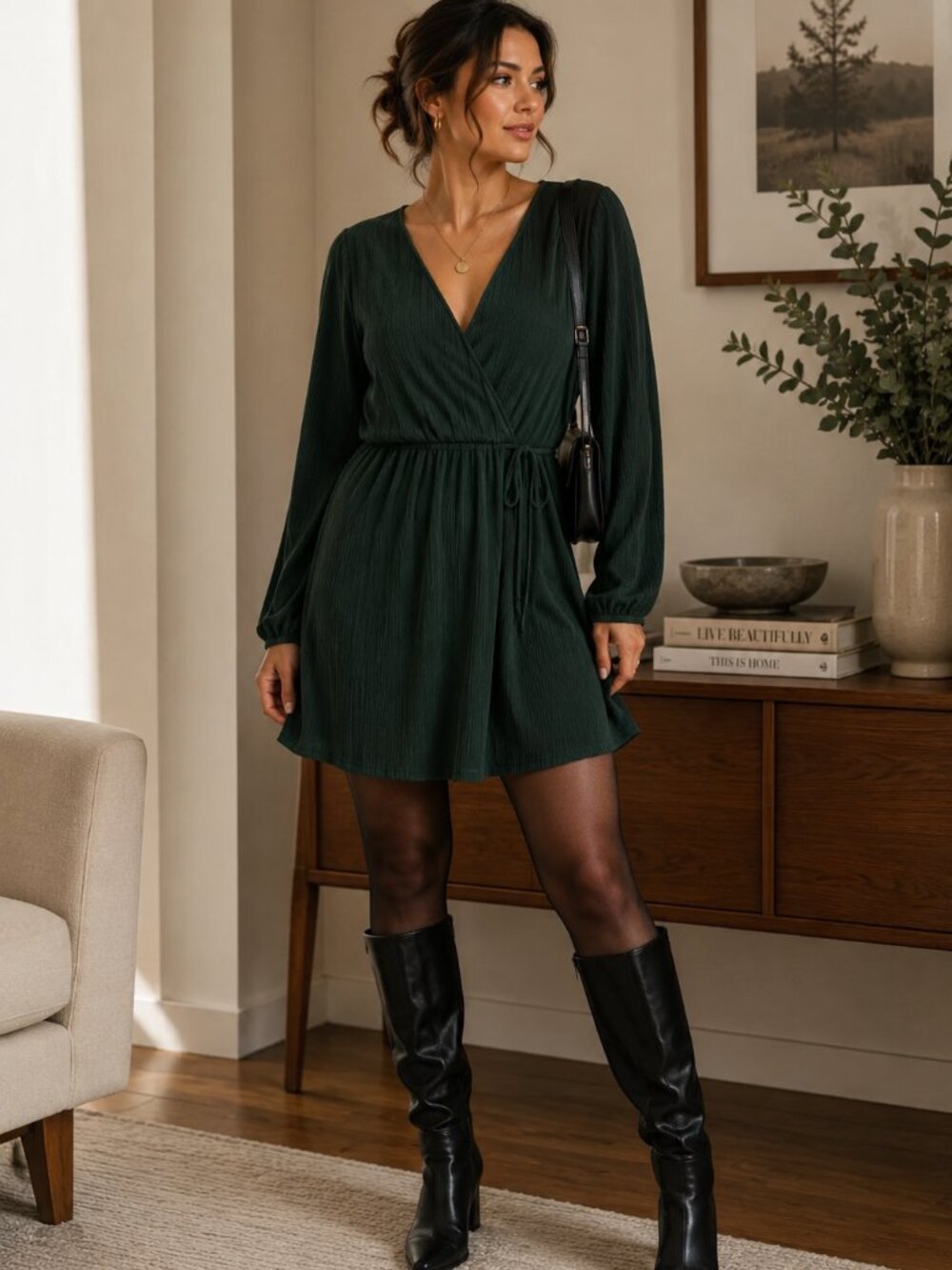 Abercrombie & Fitch Forest Green Wrap Mini Dress‎ XL Long Sleeve Pleated ✨